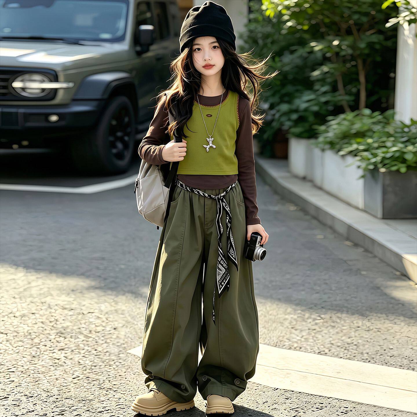 波拉童装女童韩系复古叠穿三件套2026秋装秋季大童背心打底衫阔腿