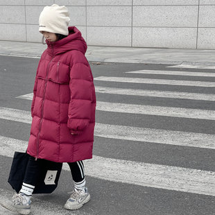 波拉童装儿童羽绒服秋冬新款韩版男童女童中大童加厚连帽中长款白