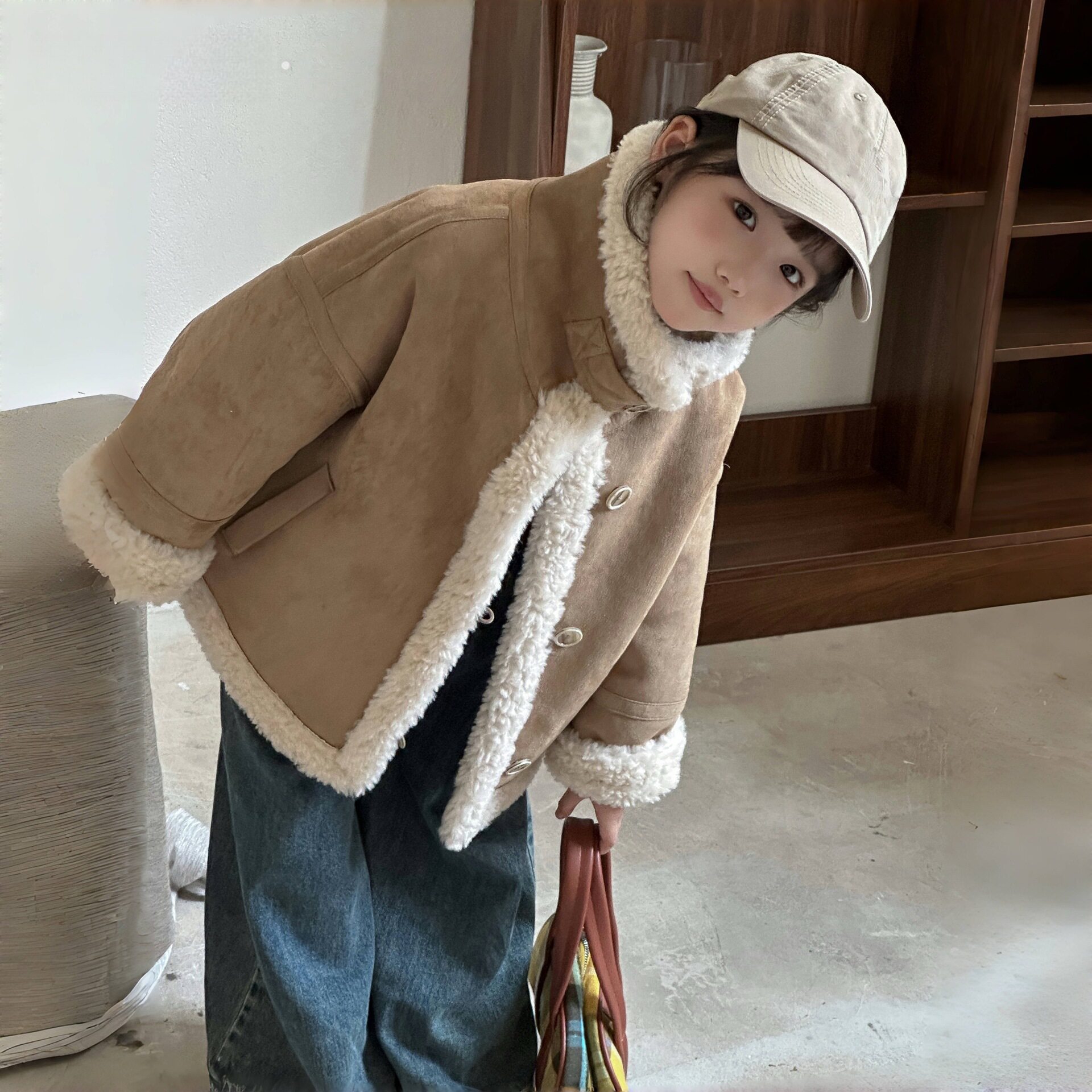波拉童装复合皮毛一体羊羔毛机车服儿童夹克宝宝厚皮草男女童外套
