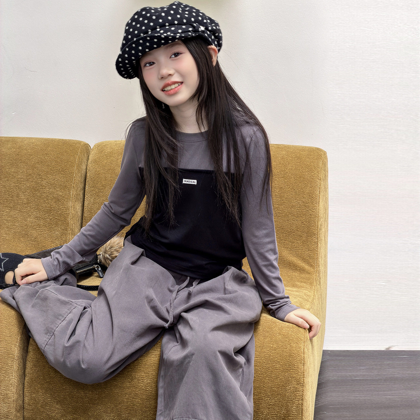 波拉童装韩国女童2026秋装秋季儿童假两件长袖打底衫工装阔腿裤套