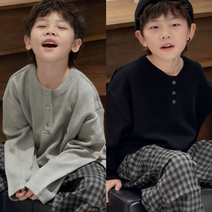 T恤 中大童男女童磨毛Tee坑条弹力保暖打底衫 现货2025冬装 波拉童装