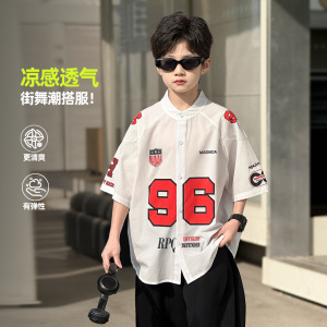 波拉童装男童薄款数字衬衫2026夏装夏季中大童韩版酷帅衬衣开衫潮