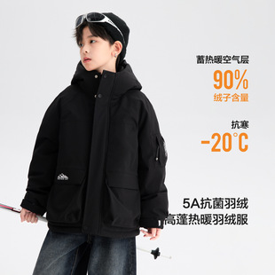 波拉童装男童冬季黑色户外三防冲锋衣羽绒服2025儿童防寒免洗工装