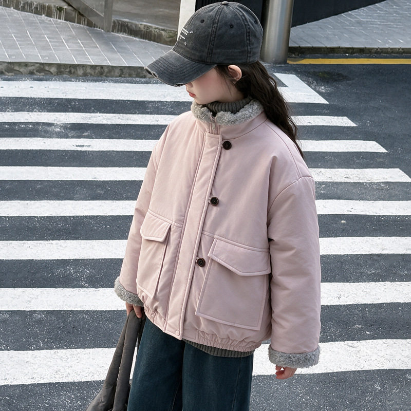 波拉童装女童毛毛拼接立领棉服外套2026冬装冬装女大童韩系保暖棉