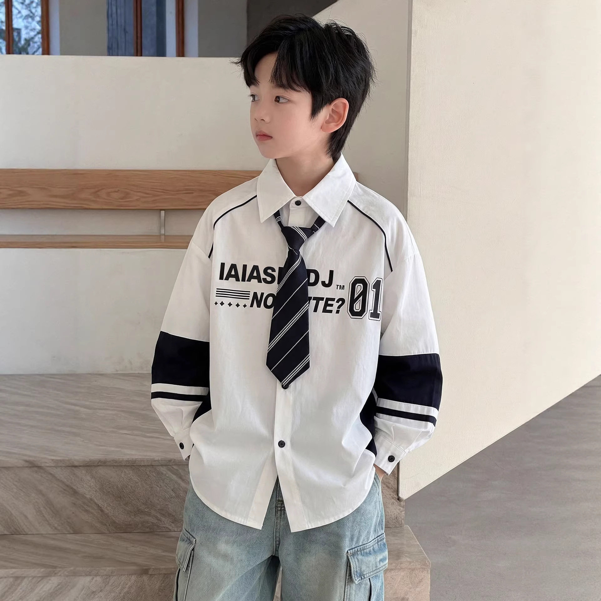 波拉童装男童衬衫春装2026春装儿童上衣春秋季大童学院风白色衬衣