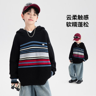 波拉童装男童秋冬季韩范破洞连帽加厚毛衣2025儿童超好看针织卫衣