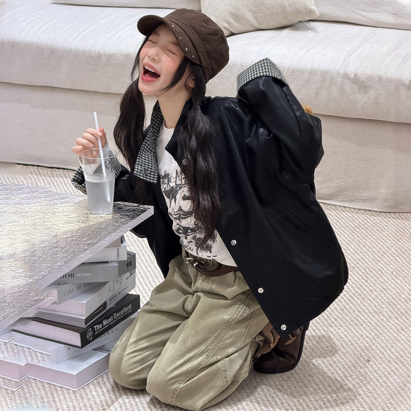 波拉童装韩国女童外套2026秋装秋季中大童格子拼接皮衣可拆卸连帽