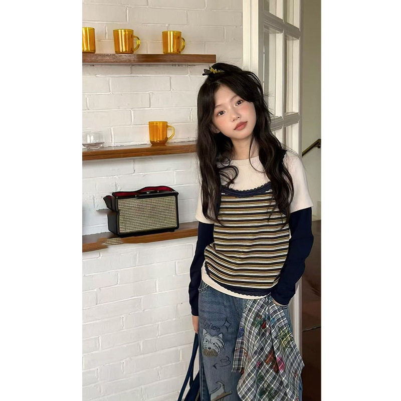 波拉童装女童秋装2026秋装韩版慵懒风条纹针织吊带拼接假两件叠穿