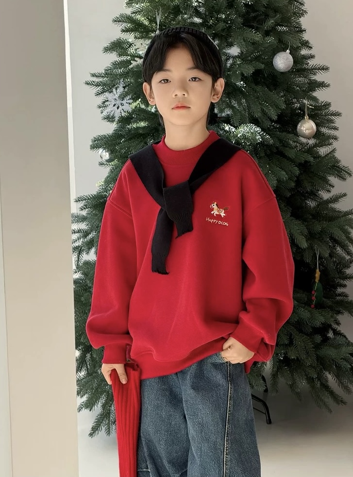 2025冬装波拉男女童2026年过年红色卫衣马年元旦圣诞节加绒套头衫