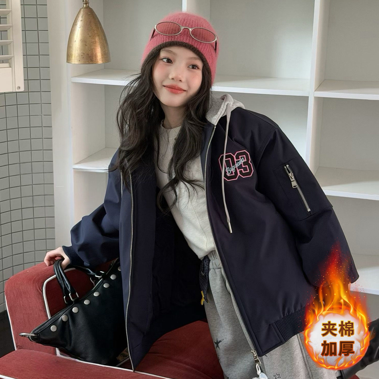 波拉童装女童冬装外套2026秋装大童加厚夹棉初中生连帽棒球服棉服