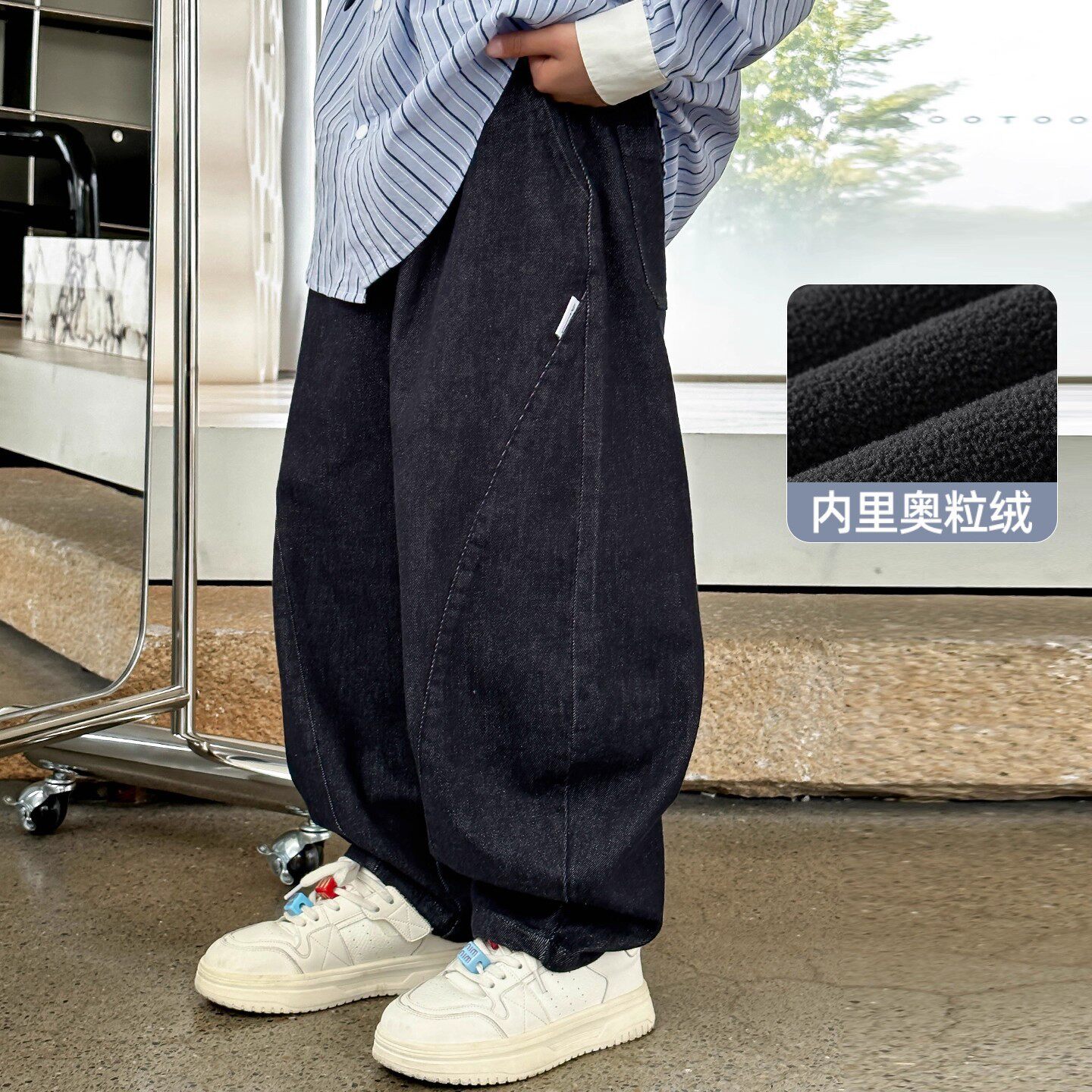 波拉童装2025冬季水洗防褪色男童牛仔裤 儿童加绒裤子弯刀裤