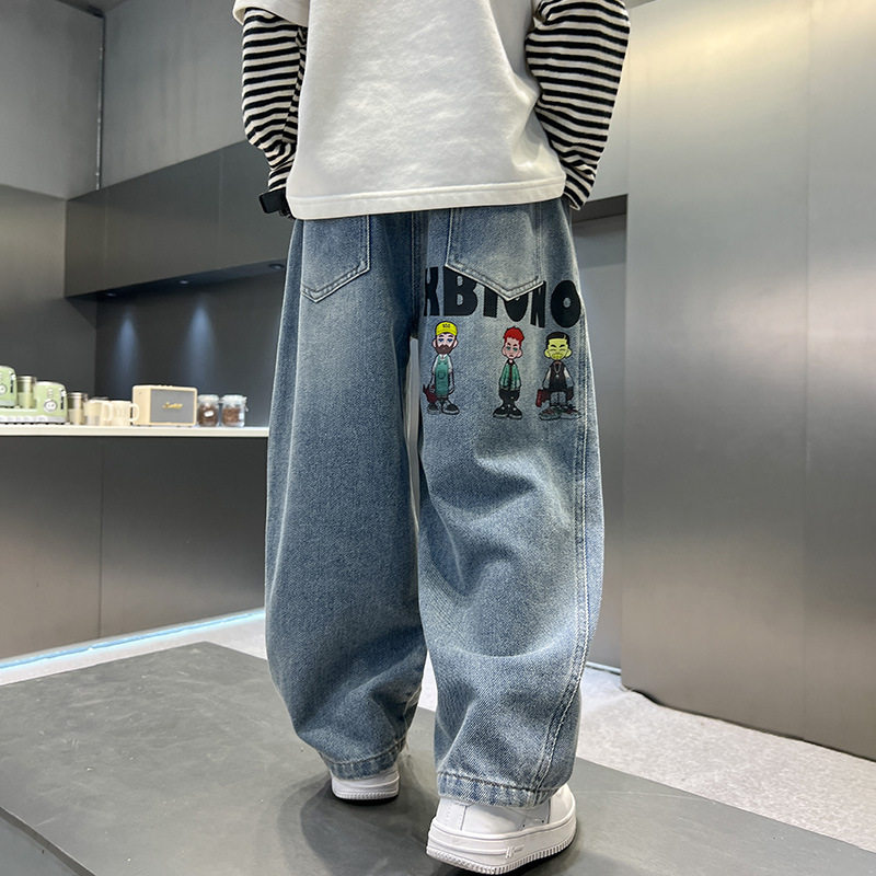 波拉童装男童牛仔裤2026秋装春季儿童裤子卡通印花春装长裤男孩长