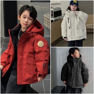 2025冬装波拉童装男女童儿童工装羽绒服户外派克国标90白鸭绒连帽