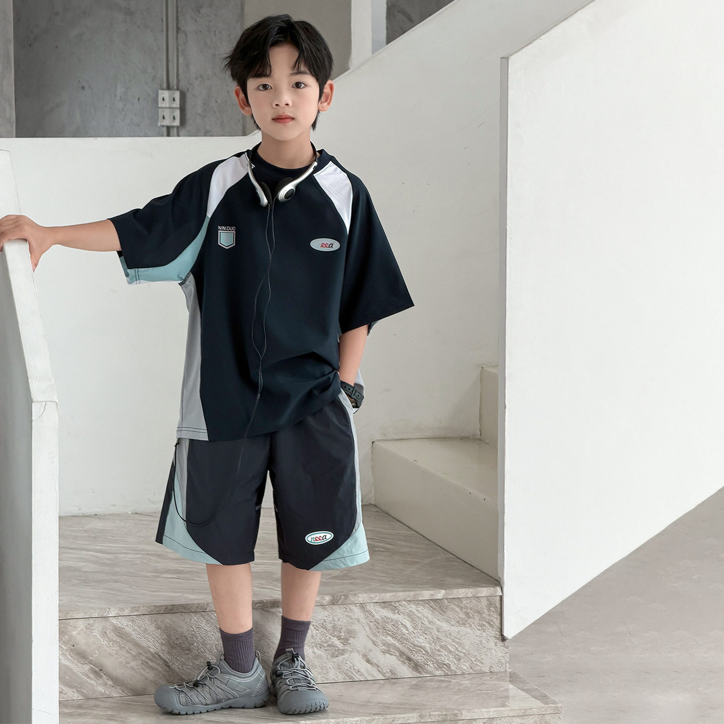 2026夏装波拉童装男童女童拼色运动套装中大童薄款短袖短裤两件套