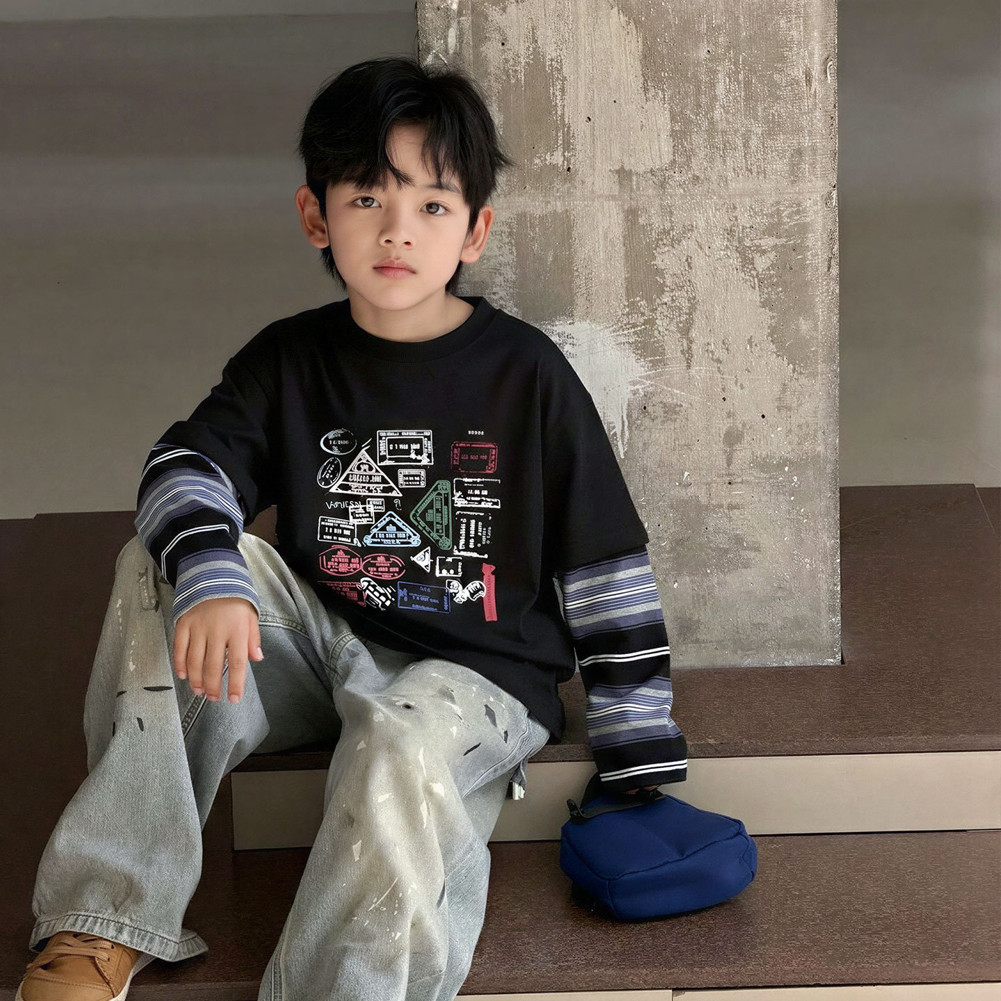 波拉童装男童卫衣春秋款2026春装儿童秋装上衣中大童秋季长袖假两