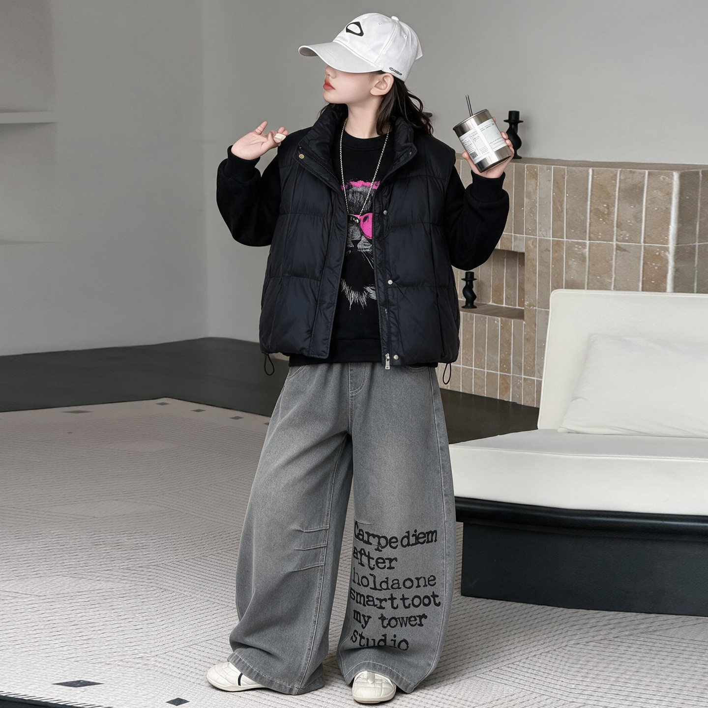 波拉童装韩系女童棉服马甲卫衣牛仔裤三件套2026冬装秋冬大童复古