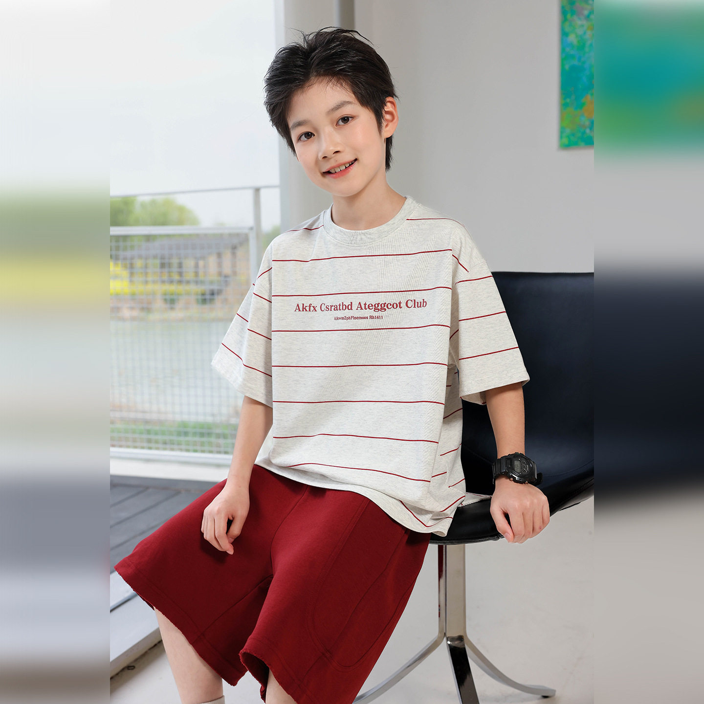 波拉童装男童薄款字母宽条纹T恤2026夏装夏季中大童韩版休闲t