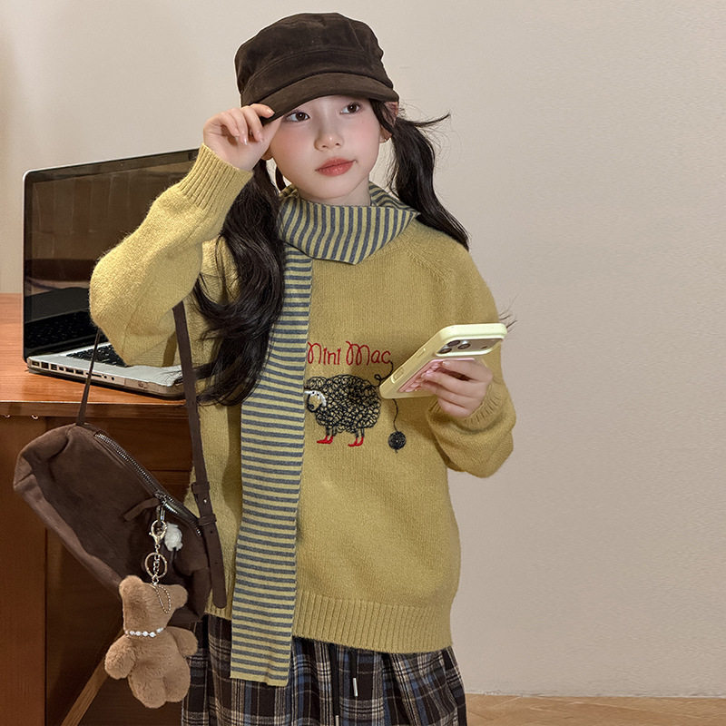 波拉童装韩系女童软糯奶黄毛衣格子裤两件套2026秋装秋冬中大童超