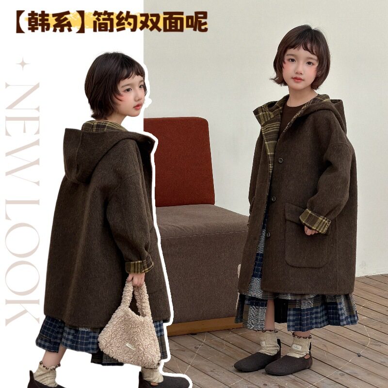 波拉童装2026冬装韩版男女童双面羊毛大衣复古格子中长款羊毛呢子