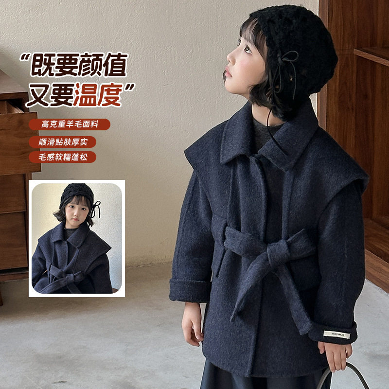波拉童装2026冬装冬季女童双面羊绒大衣短款加厚羊毛呢巴恩风韩系