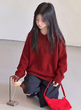 波拉童装女童毛衣2026冬装秋冬毛衫儿童POLO领针织衫儿童红色套头