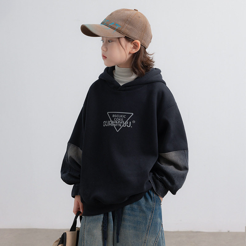 波拉童装男童加绒连帽卫衣秋冬款2025新款大儿童冬季一体绒上衣加