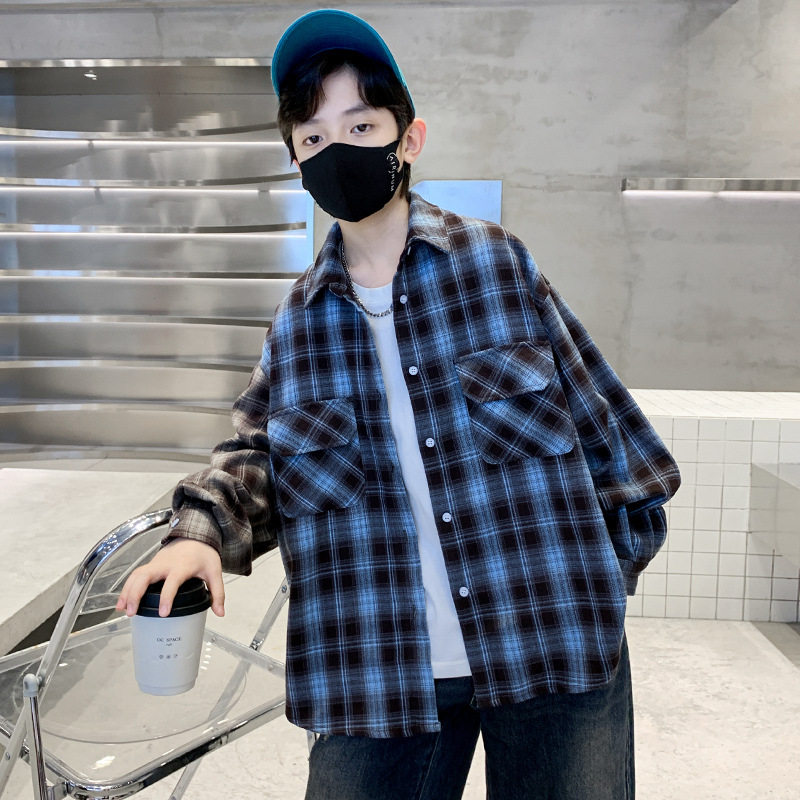 波拉童装童装儿童格子衬衫秋季新品2025中大童拼色长袖衬衣春秋装