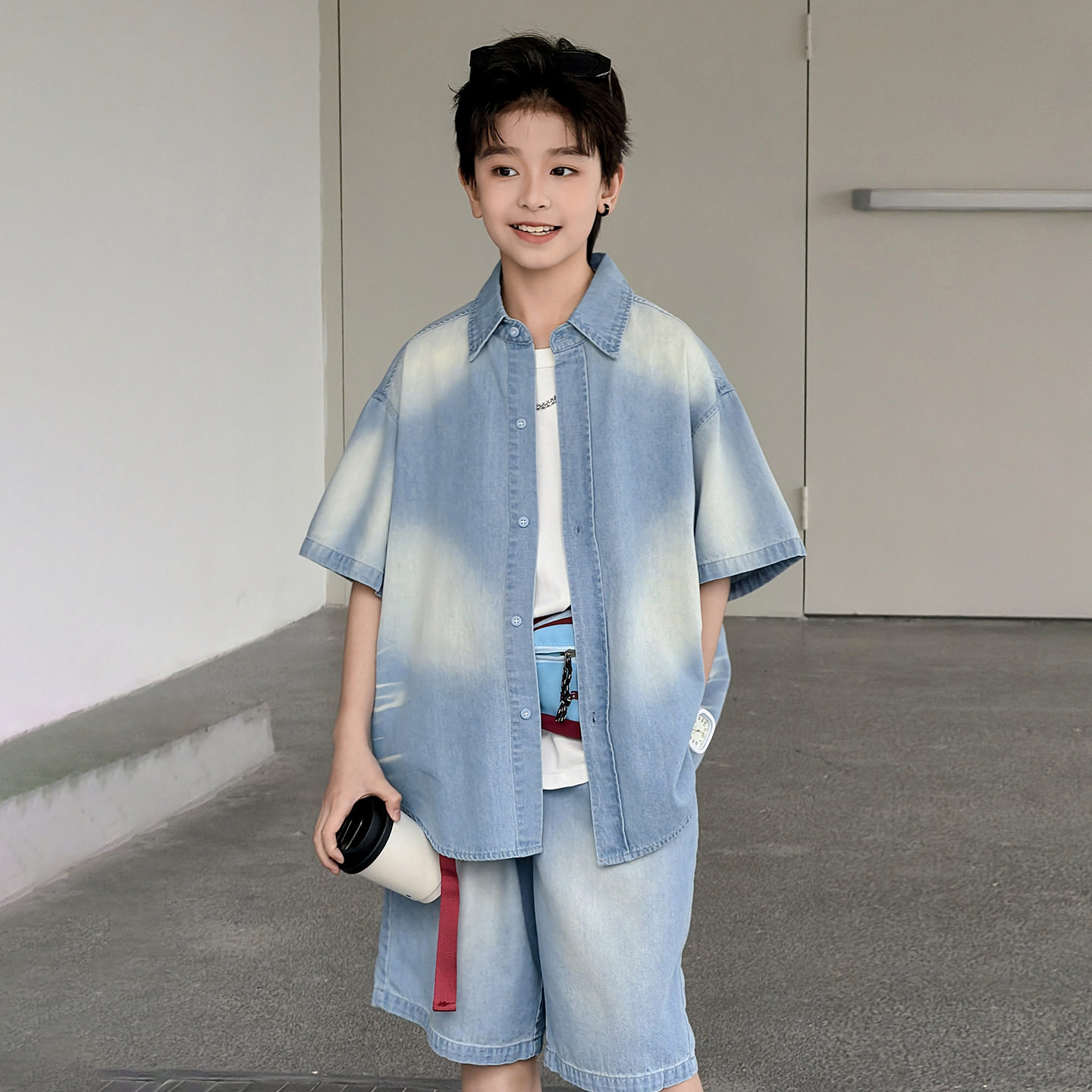 波拉童装男童夏季牛仔套装儿童薄款宽松牛仔短袖衬衫中大童夏装两