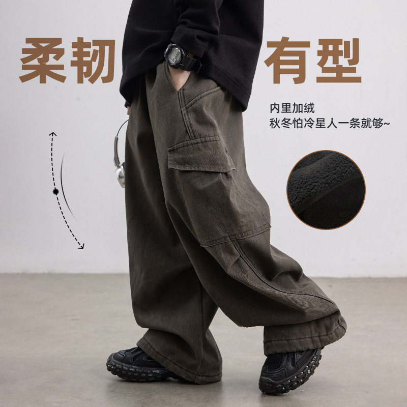 波拉童装男童加绒工装裤秋冬款2025儿童冬季一体绒加厚裤子大男孩