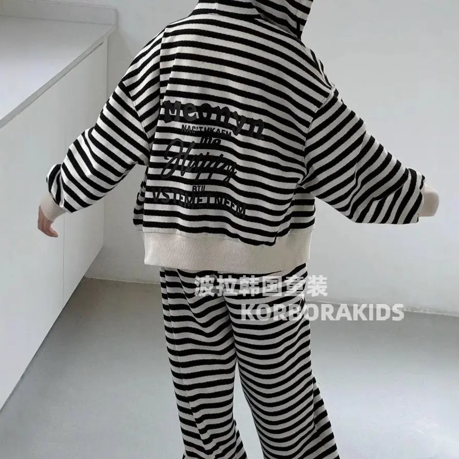 2025春装波拉韩国童装男女童中大童卫衣外套裤子拼色条纹两件套装