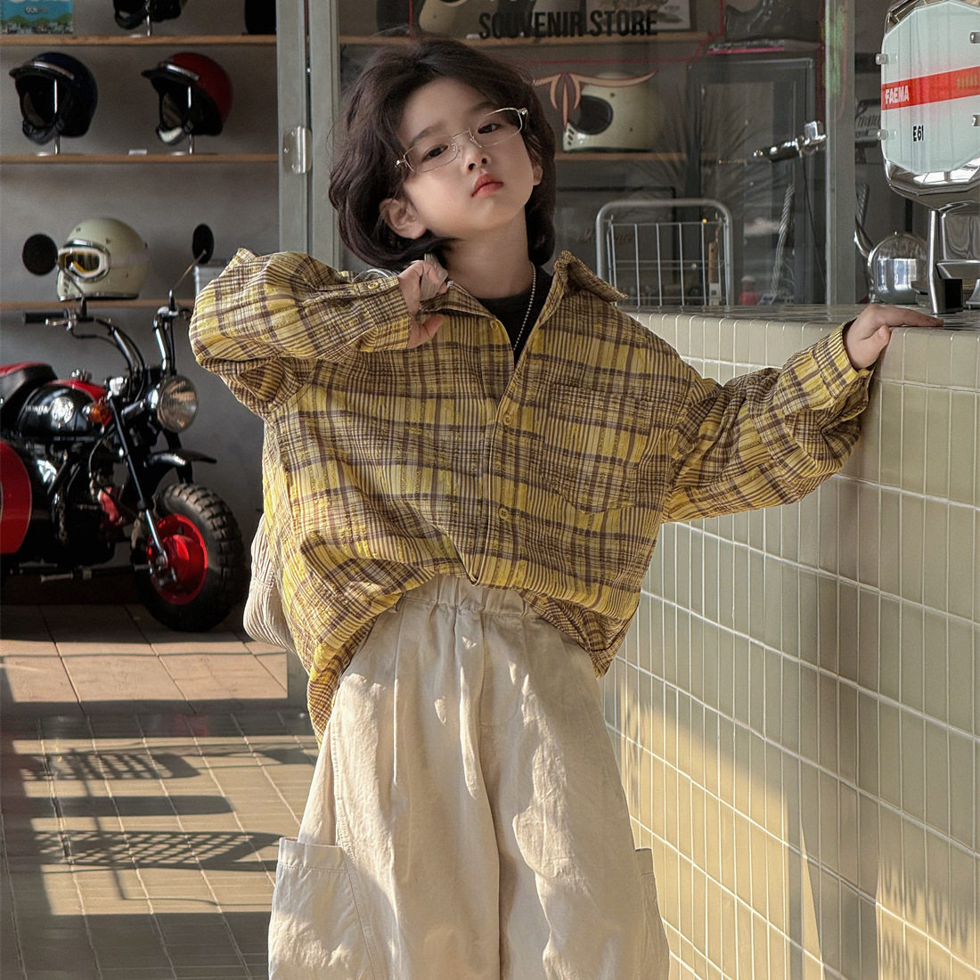 波拉童装童装男童衬衫2026春装年春款格纹宽松翻领休闲长袖衬衫