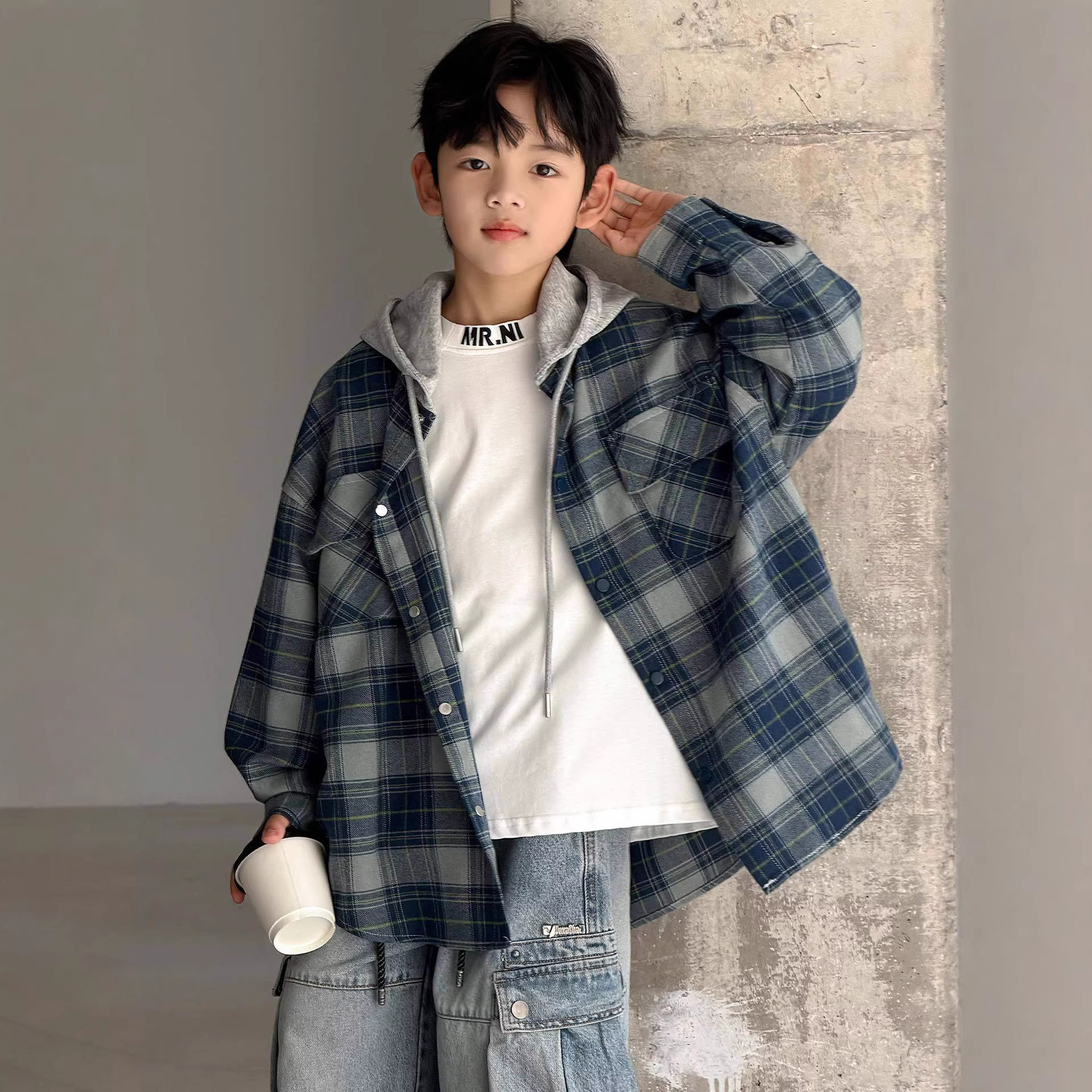 2026春装波拉童装男女童格子外套春季大童潮酷连帽上衣衬衫衬衣