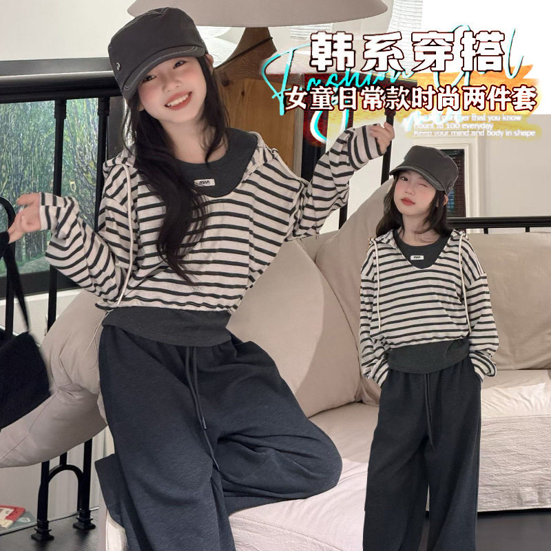 波拉童装童装女童秋装韩系假两件卫衣套装2026秋装女大童穿搭阔腿