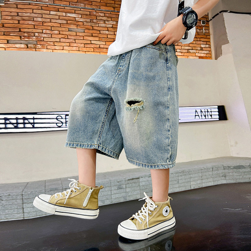 波拉童装男童破洞牛仔短裤夏季2026夏装韩版儿童五分裤洋气中大童