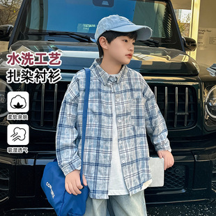 2026春装波拉童装男女童水洗扎染格子衬衫儿童休闲外搭翻领衬衣