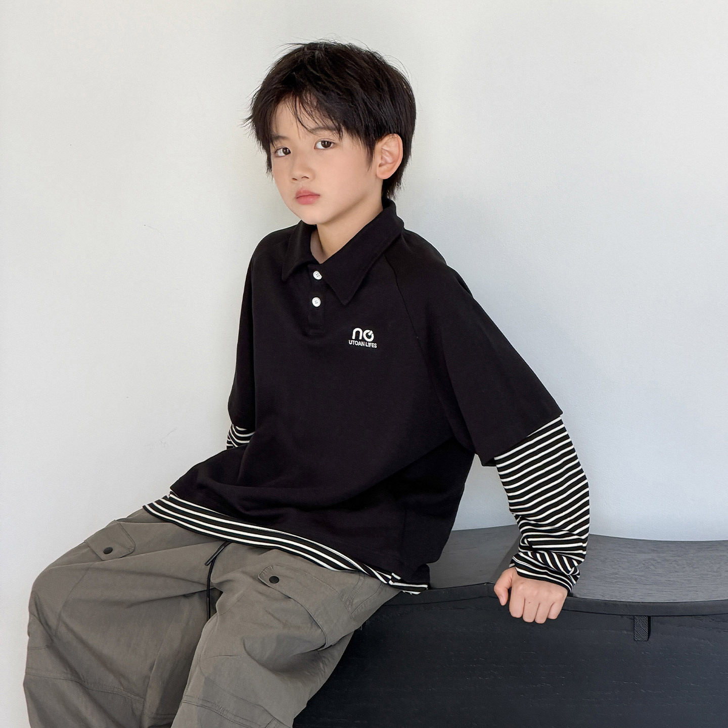 波拉童装男童秋装假两件长袖T恤2026秋装儿童秋季POLO打底衫男孩