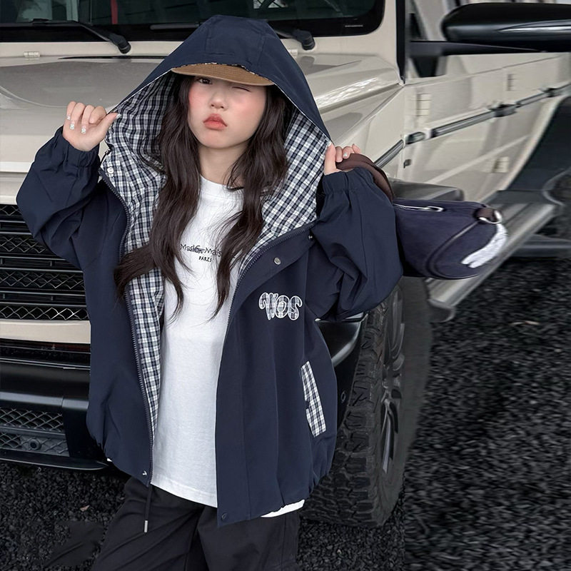 波拉童装女童韩系格子拼色连帽外套2026秋装中大童秋季户外防风冲