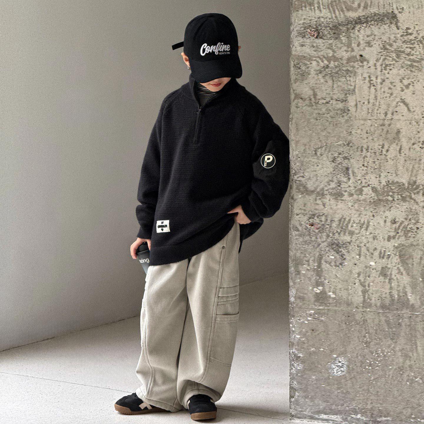 波拉童装男童毛衣加绒加厚一体绒冬季男孩针织衫儿童半高领毛线衣