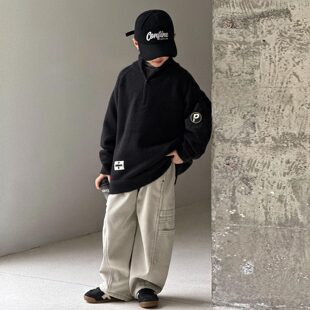 波拉童装男童毛衣加绒加厚一体绒冬季男孩针织衫儿童半高领毛线衣