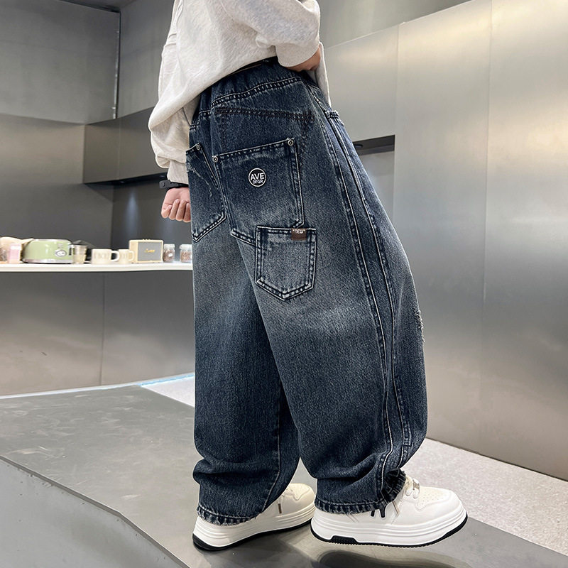波拉童装男童美式蓝色牛仔裤春秋装2025中大童直筒长裤儿童裤子潮