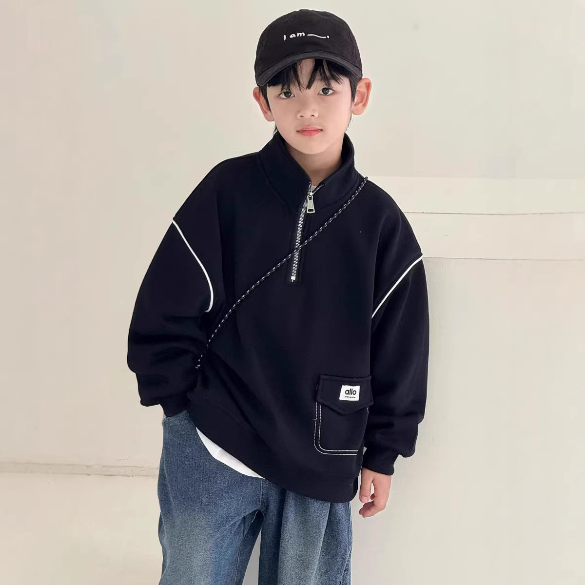 波拉童装男童黑色卫衣春装2026春装大儿童炸街上衣痞帅气立领内搭