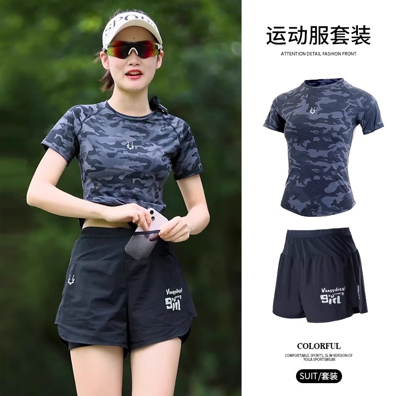春夏女短袖专业跑步运动套装