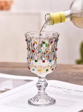 彩点高脚杯设计师压制加厚创意葡萄酒杯手绘高颜值中古红酒玻璃杯