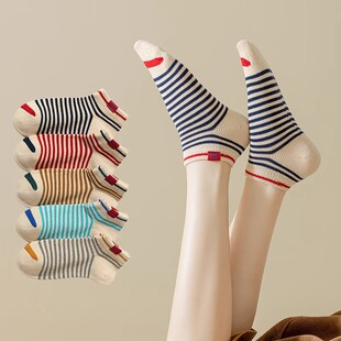袜子女生日系纯棉短袜浅口条纹春秋季时尚百搭低帮防臭船袜学院风