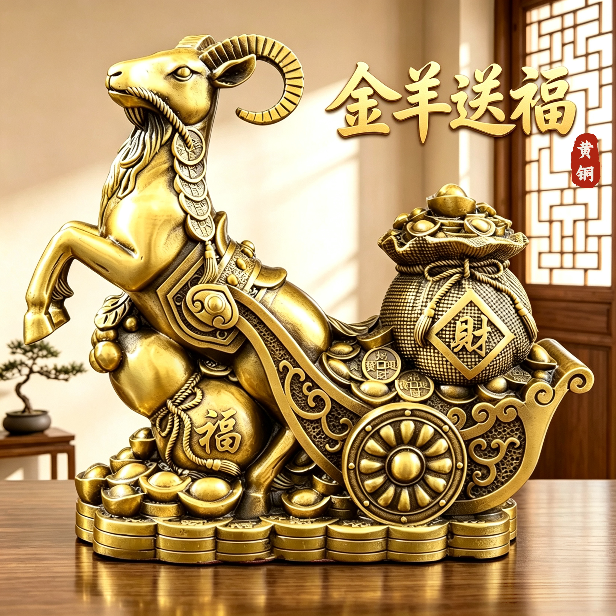 黄铜财福羊拉福袋摆件开业送礼