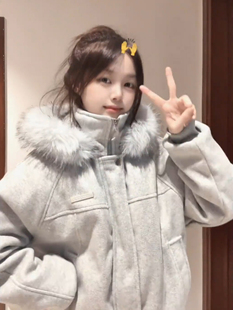 覆古毛呢保暖立领外套短款 美式 棉衣 冬季 灰色大毛领连帽棉服男女款