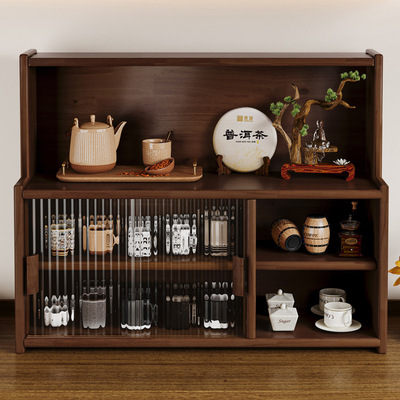 实木防尘茶具收纳柜厨房餐边储物柜胡桃色杯子碗碟收纳台面置物架