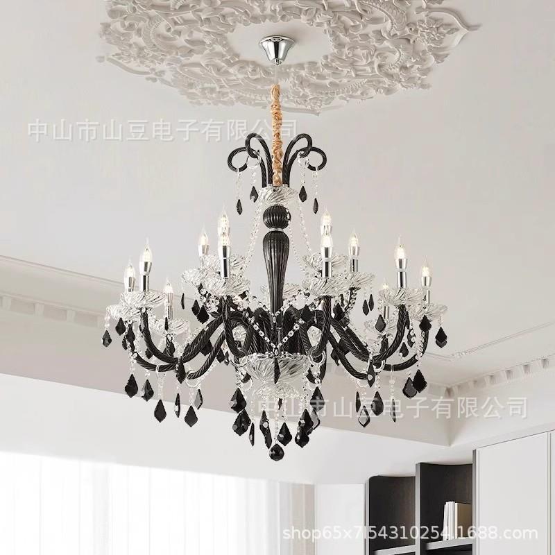 法式蜡烛吊灯客厅主灯楼梯水晶餐厅灯2024年新款黑色复古卧
