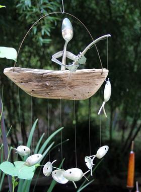 钓鱼人风铃木船垂钓勺子头铃铛一人二人三人吊挂跨境电商货源欧美