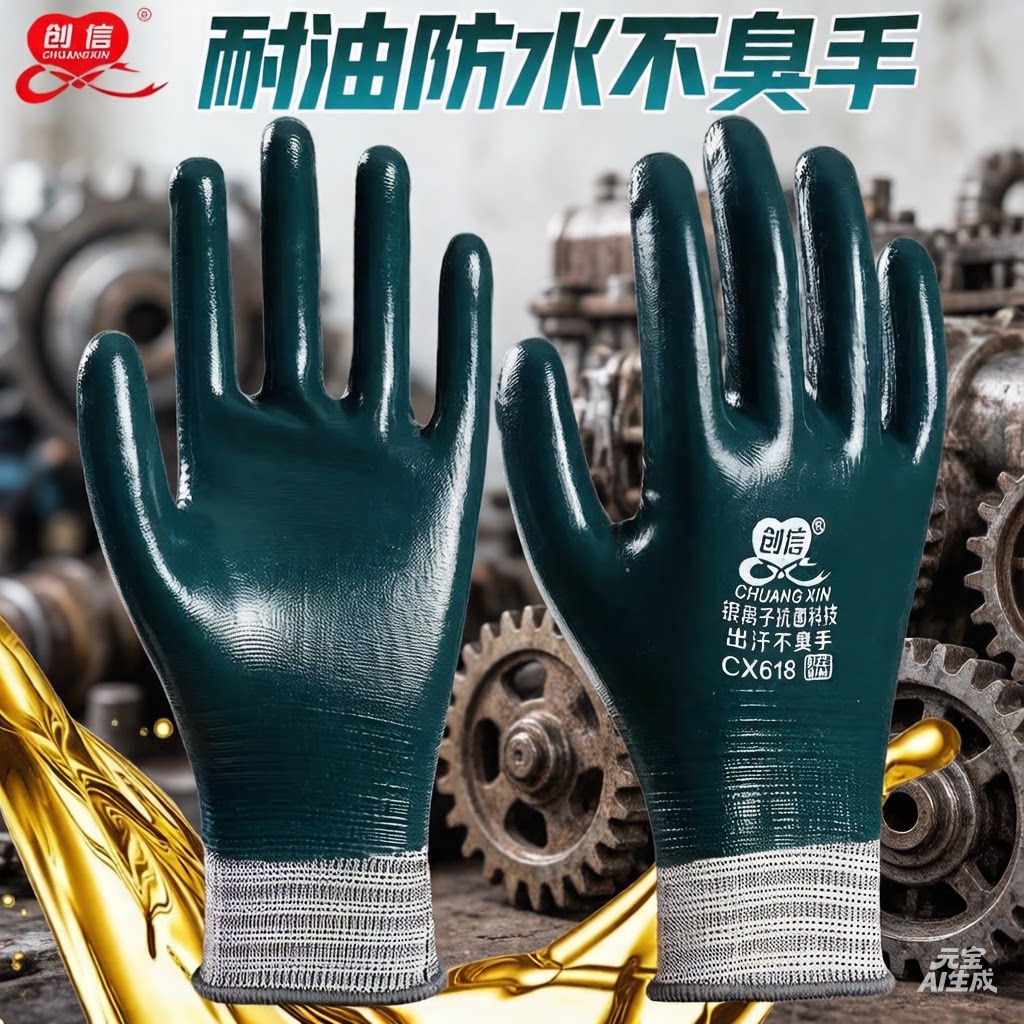 创信618耐油手套防油手套劳保耐磨工作工业丁腈全胶维修机器加工